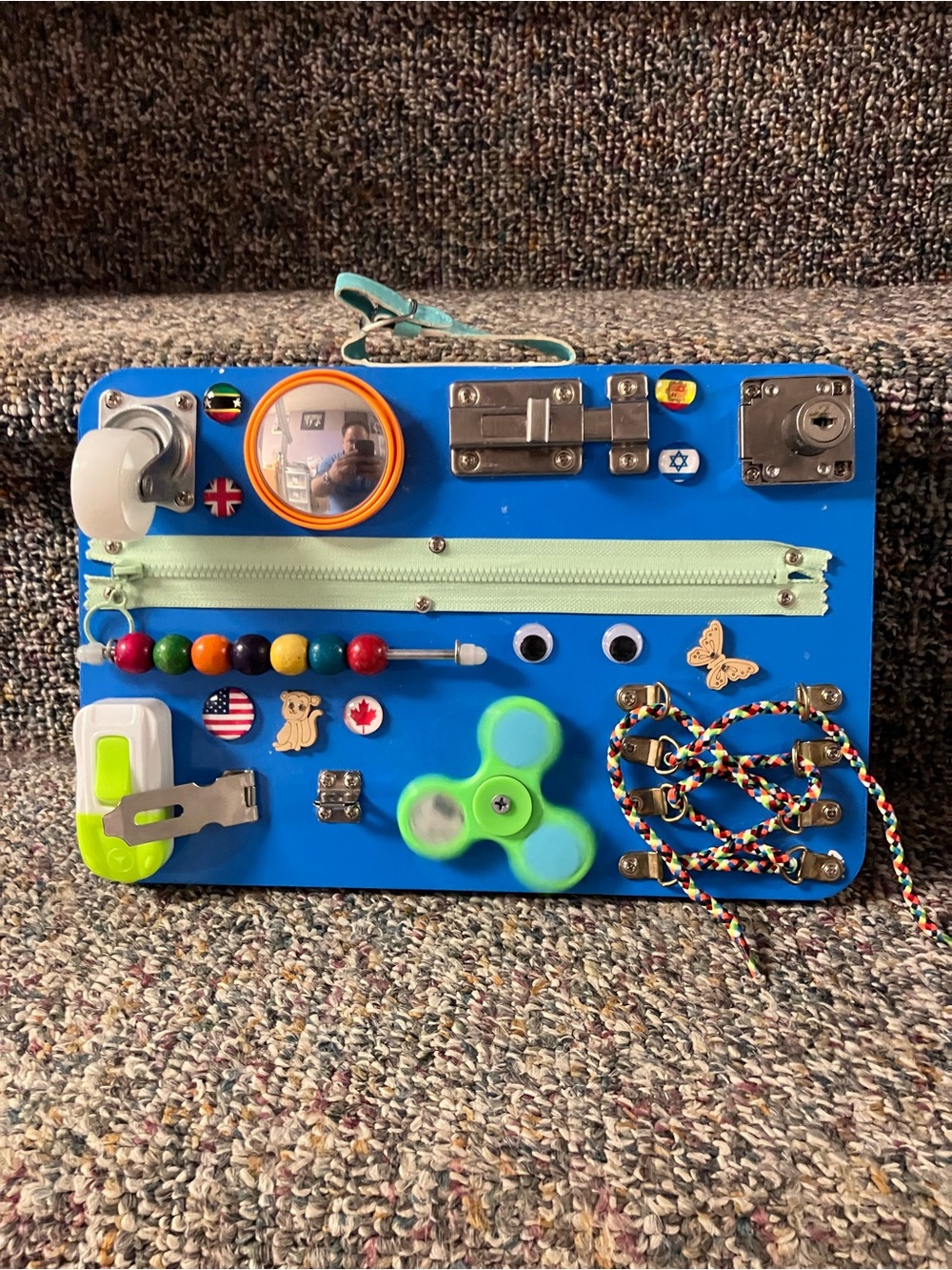 Sensory Busy Board for Kids - Blue with Green Spinner